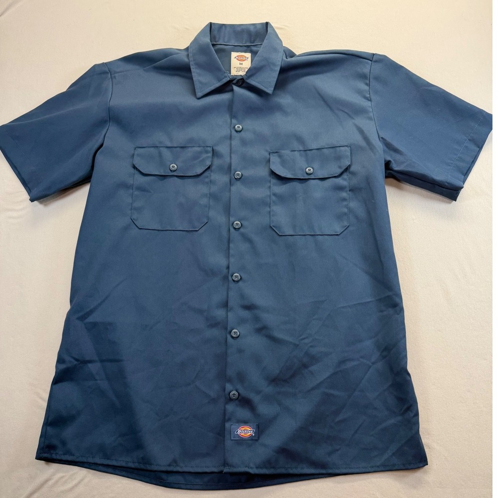 Dickies Work Shirt Men M Blue Short Sleeve Button Down Twill Pocket Utility